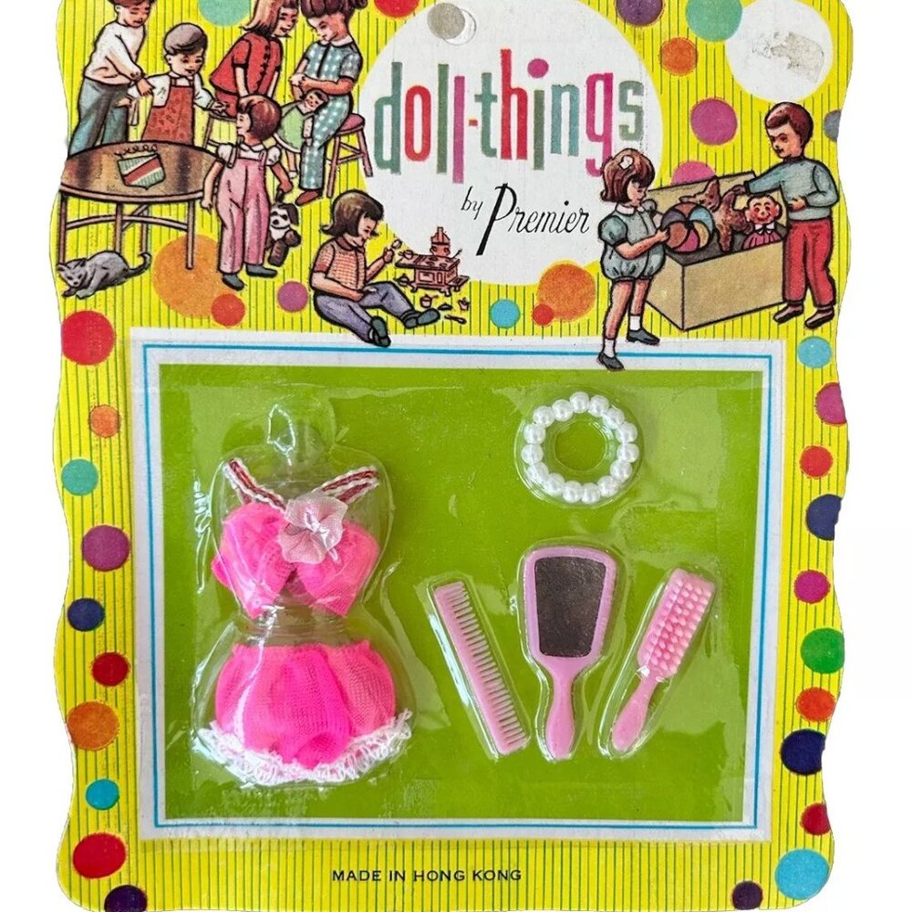 VTG Premiere Doll Things Outfit NEW Pink Bikini Pearls Brush Comb Mirror NOS